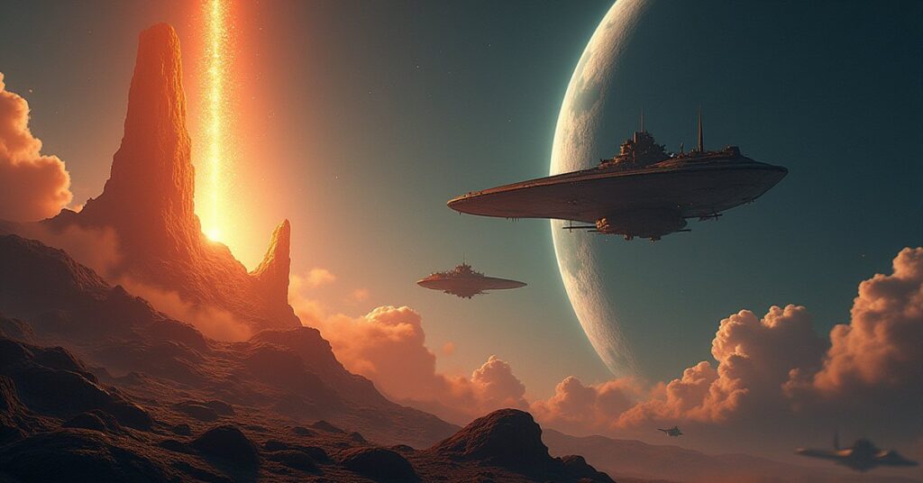 A cracked alien beacon venting vapour as insectoid ships attack in Star Trek Fleet Command