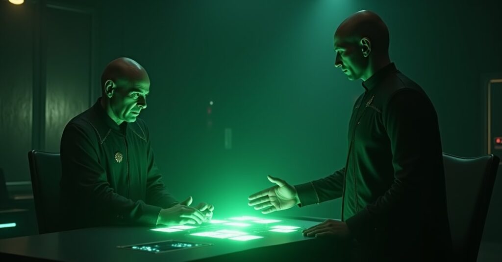 A Romulan leader accepting glowing data padds from a captain in Star Trek Fleet Command
