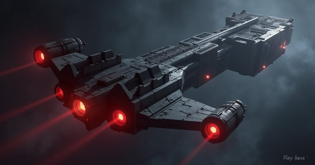 A Klingon bird-of-prey decloaking in front of a small starship near a space station in Star Trek Fleet Command