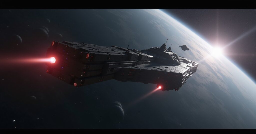 A Klingon warship fighting an Arkonian ship at the edge of Arkonian space in Star Trek Fleet Command