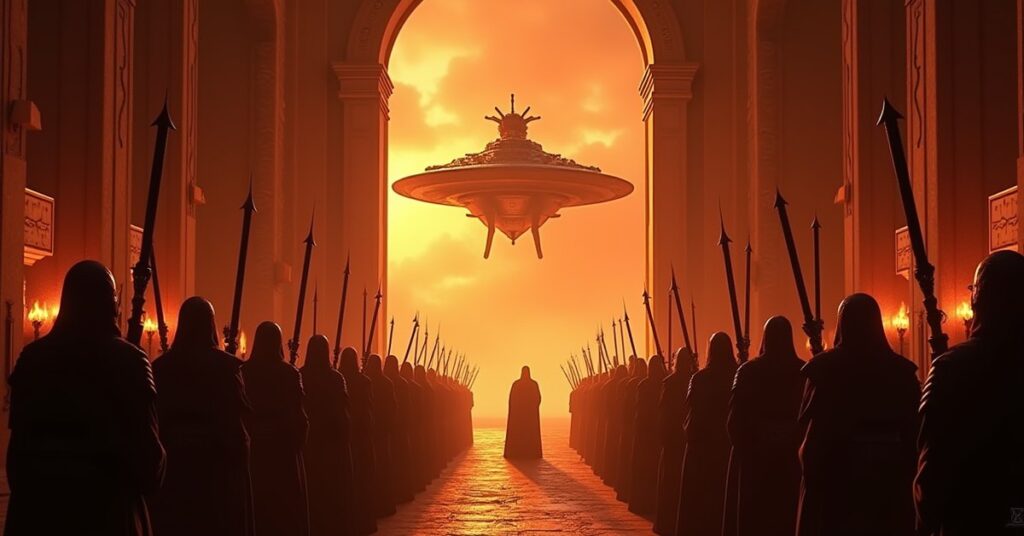 Klingon warriors raise blades in a torch-lit hall with a battle cruiser in the sky outside