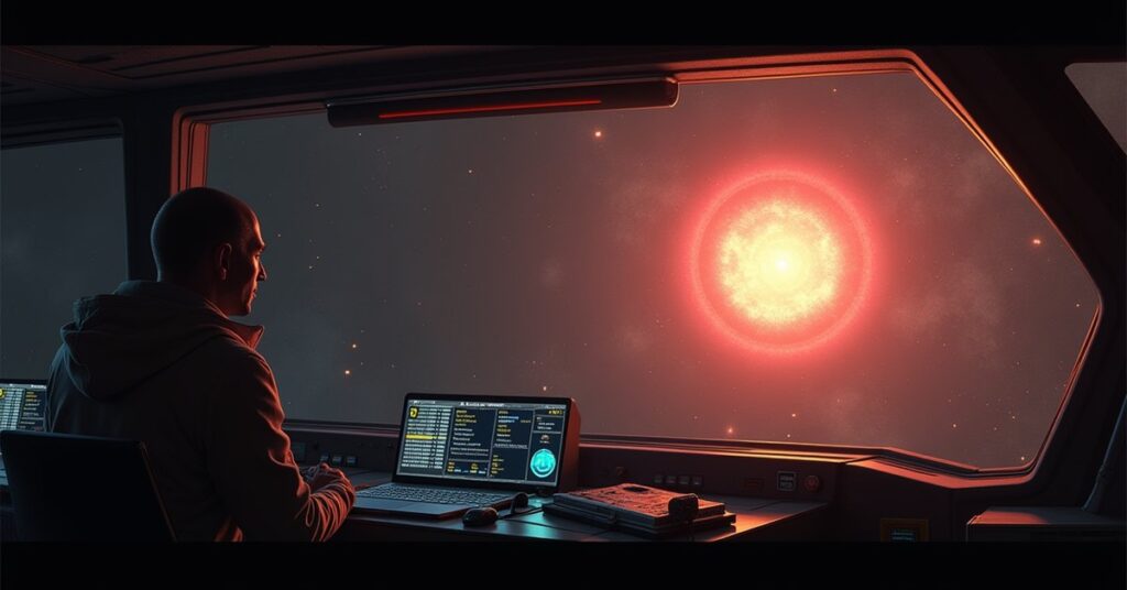 A starship scanning a shimmering space anomaly in Star Trek Fleet Command
