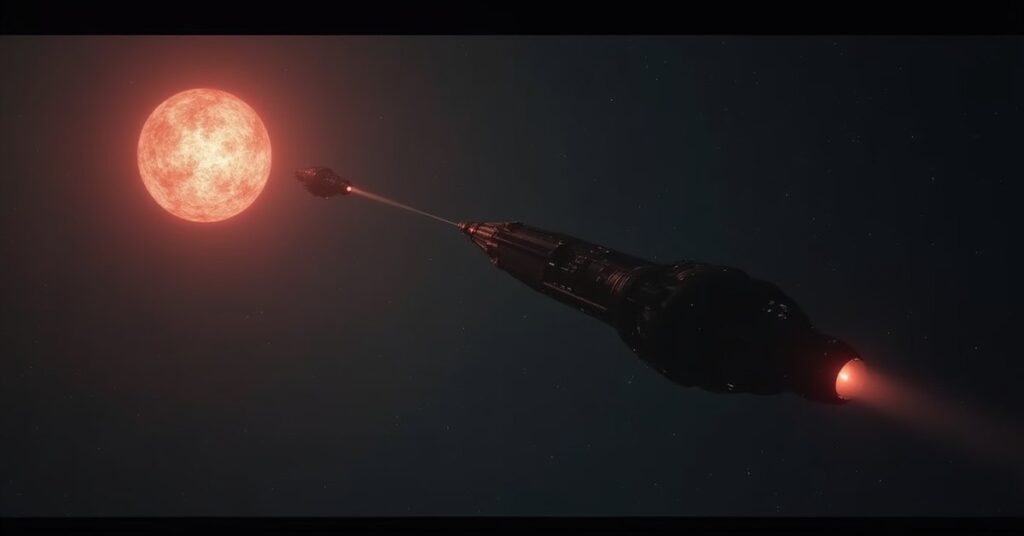 A mysterious dark starship and a follower vessel near a bright star in Star Trek Fleet Command