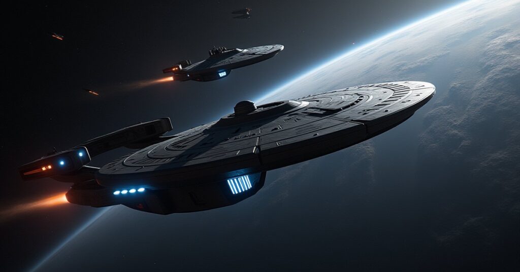 An Independent ship passes through an Orion blockade with a Ferengi ship trailing behind in Star Trek Fleet Command