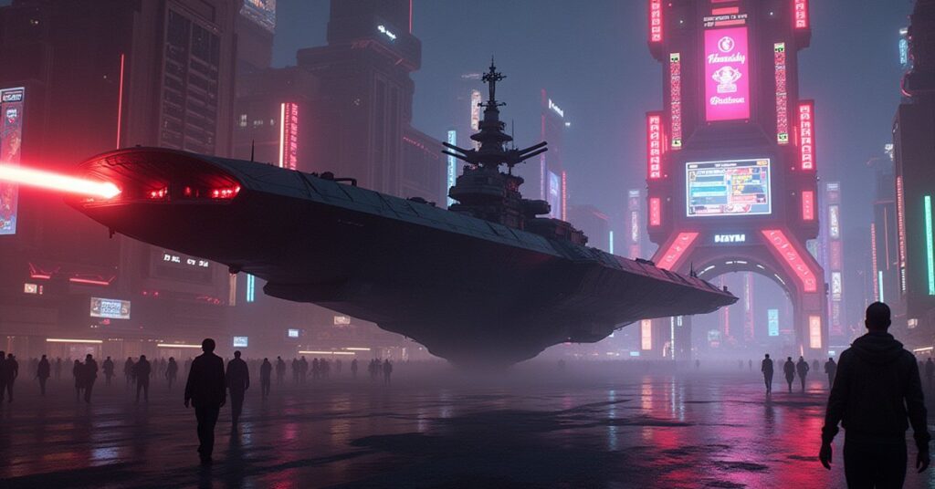 A modular battleship leaving a neon-lit space casino station in Star Trek Fleet Command