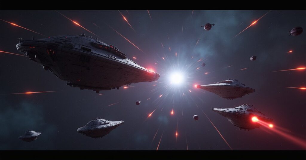 Starships dueling in a lit space battle arena ringed by target buoys and spectator stations