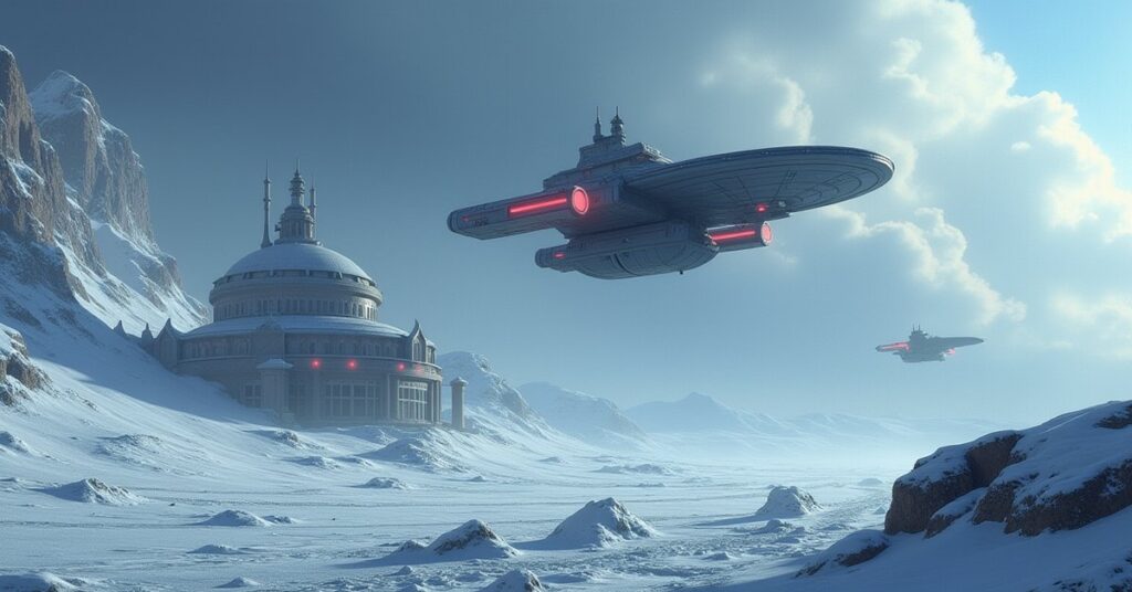 A starship approaching a quarantined Klingon facility on an icy planet in Star Trek Fleet Command
