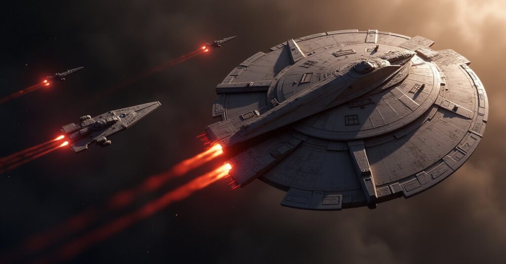 A Starfleet ship intercepting Klingon Honorguard warships attacking the Chancellor's flagship
