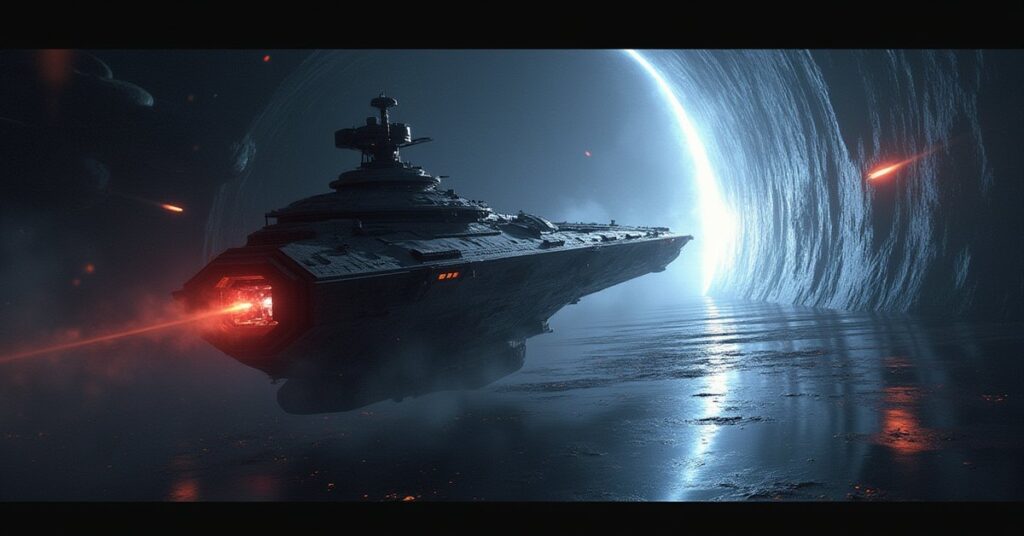 A starship battling an alien vessel in a shimmering mirrored region of space in Star Trek Fleet Command