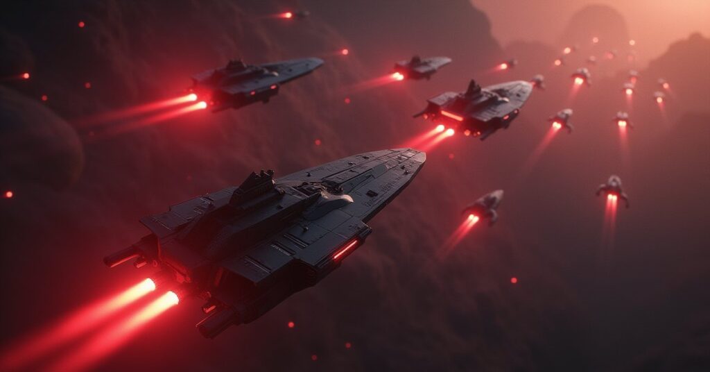 A starship escorting a shuttle to a task force of warships gathering against the Borg in Star Trek Fleet Command