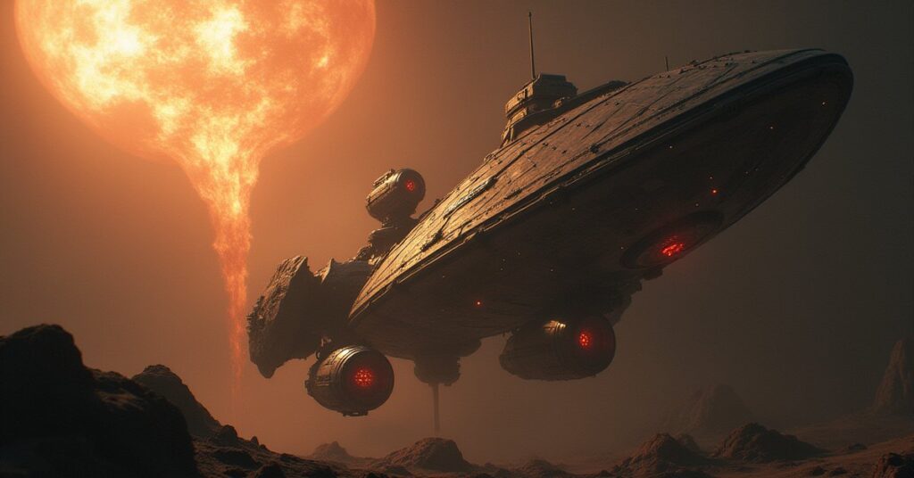 A Federation starship facing a twisted alien ship beside a shimmering space anomaly in Star Trek Fleet Command