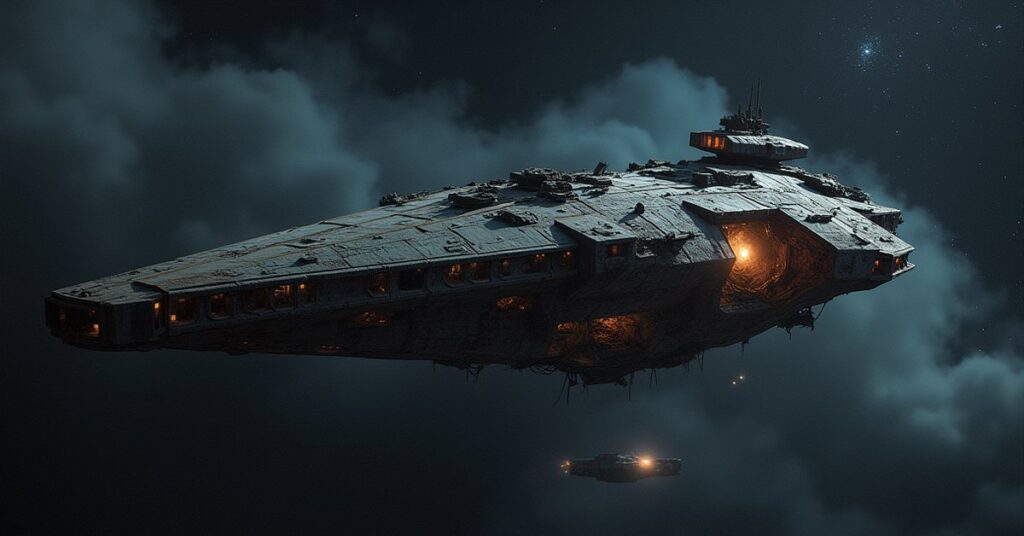 A starship and a freighter slipping into a hidden asteroid base in Star Trek Fleet Command