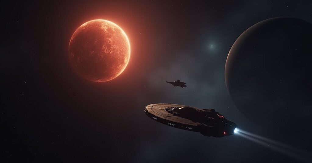 A starship approaching a hidden outlaw base guarded by a warship in Star Trek Fleet Command
