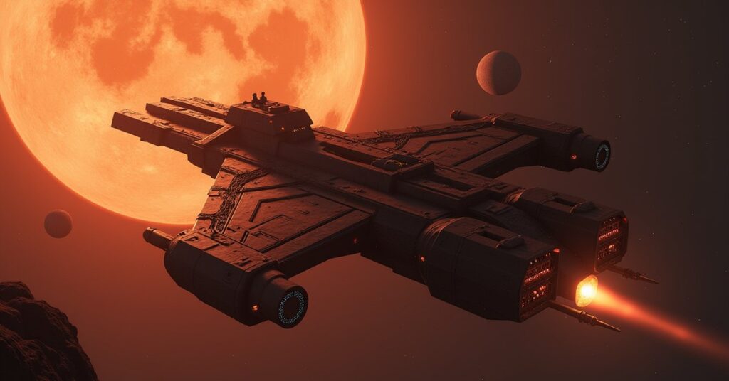 A Starfleet ship attacking a Klingon House Hurak freighter over a glowing Transogen mining moon
