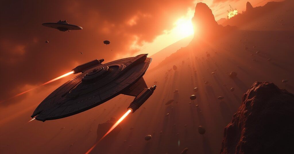 Klingon warships attacking a Federation colony as the Enterprise races in