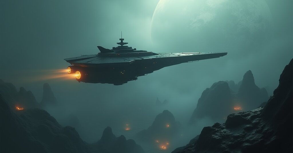 A starship orbiting a misty planet while a shuttle recovers datapads in Star Trek Fleet Command