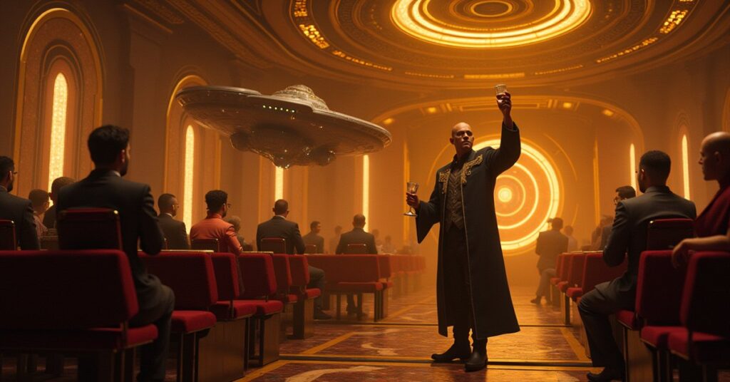 A glittering Ferengi casino station among asteroids with a Federation ship docking outside