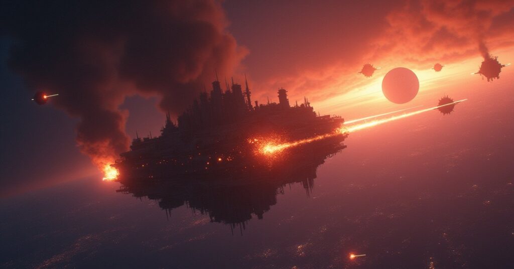 Ships firing chaotically around a burning orbital mining platform in Star Trek Fleet Command