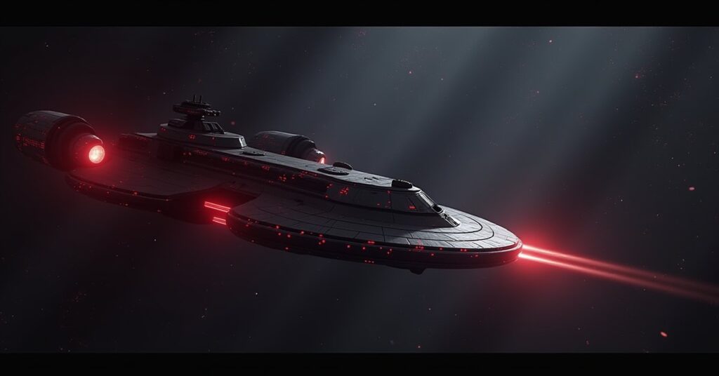 A starship defending a starbase from a rogue vessel glowing with red code in Star Trek Fleet Command