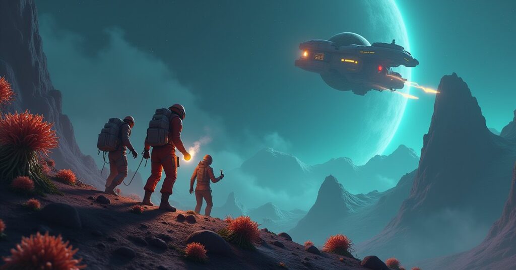 An away team collecting a glowing organic sample on an alien world in Star Trek Fleet Command