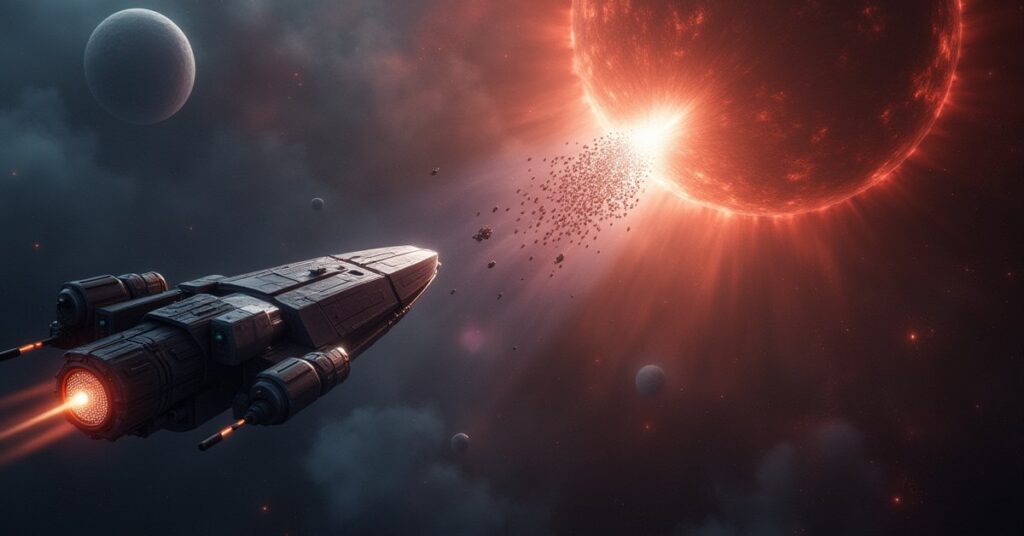 A starship chasing a small ship as a swarm of alien vessels attacks in Star Trek Fleet Command