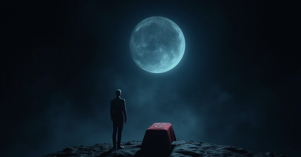 A Romulan officer holds a quiet funeral beneath a window of stars in Star Trek Fleet Command