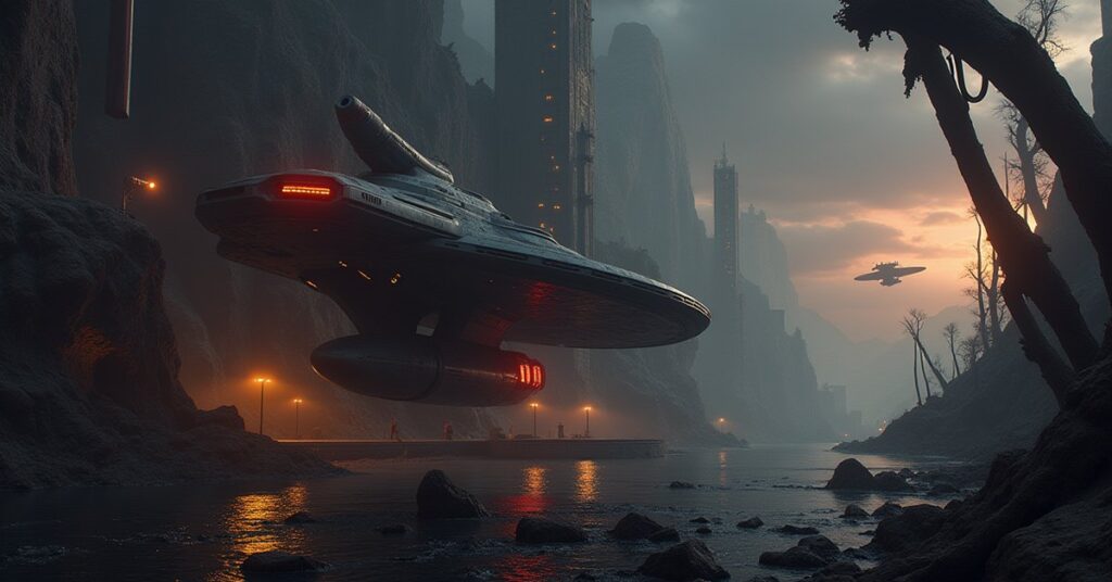 A small Starfleet ship docked at a sprawling alien repair facility with robotic arms while another ship pursues