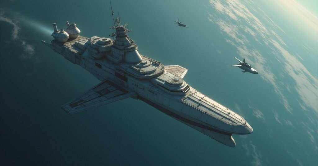 A pirate ship disabling a Federation peacekeeping vessel above a prison planet in Star Trek Fleet Command