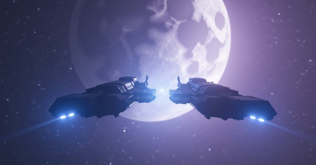 Two starships meeting in the shadow of a cratered moon near a lavender nebula in Star Trek Fleet Command