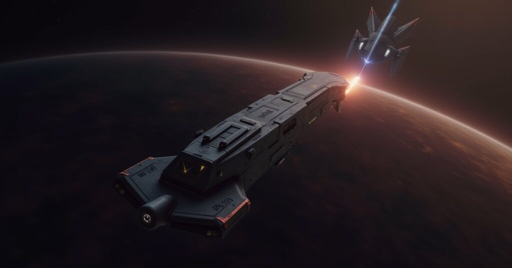 A starship chasing a Tal Shiar spy ship over a Romulan world in Star Trek Fleet Command