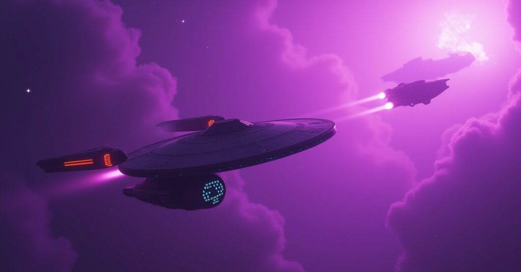 A starship escorting a Klingon shuttle through glowing gas clouds in Star Trek Fleet Command
