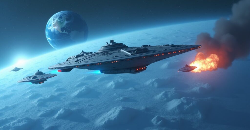 Starfleet ships evacuating civilians from an icy planet in Star Trek Fleet Command