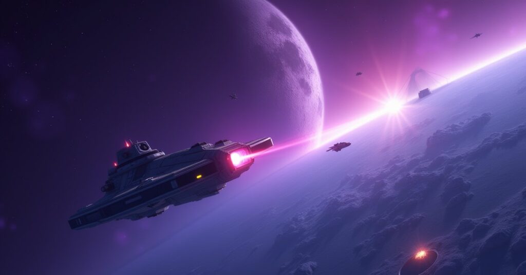 A Federation starship chasing a fugitive shuttle toward a hidden asteroid base in Star Trek Fleet Command