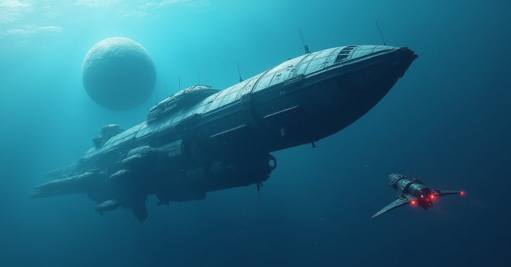 A water-filled Federation starship with whales behind its windows drifting near a blue planet