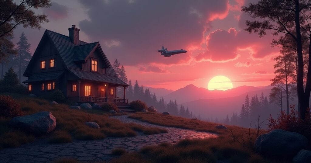 A family home on an Alpha Centauri colony at dusk with a starbase glowing overhead