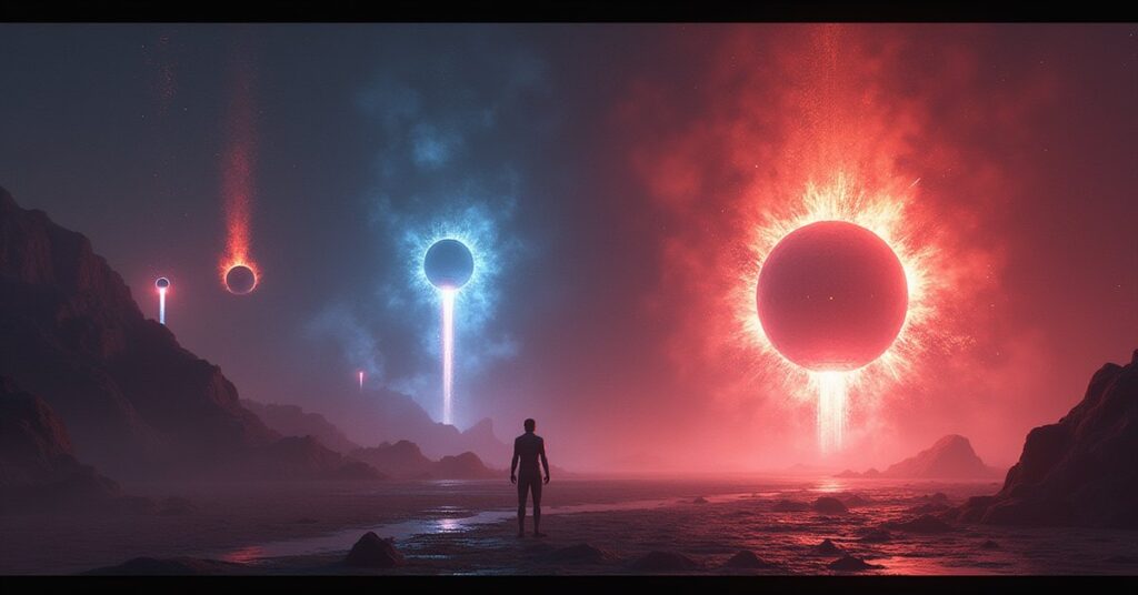 Glowing Quantum Tesseracts and Guardian ships pouring from portals as a lone starship holds the line