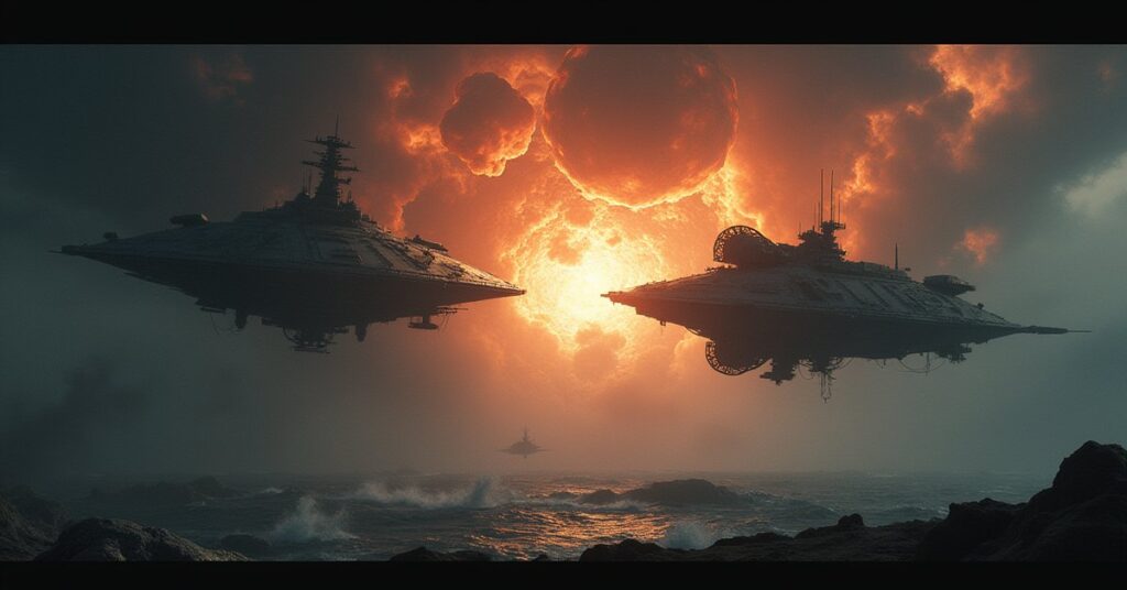 Two starships flanking a glowing nebula as a patchwork ship bursts out, ocean worlds below