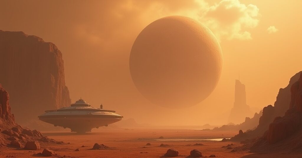 A smog-covered planet with dry ocean beds as a starship beams water down to the surface