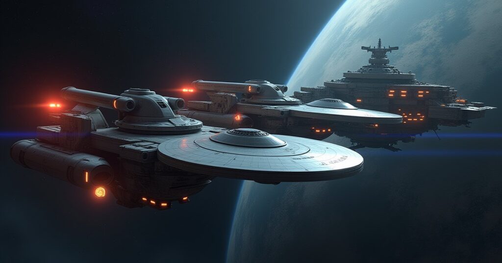 Two classic Enterprise starships docked at a space station as the U.S.S. Cerritos looms nearby