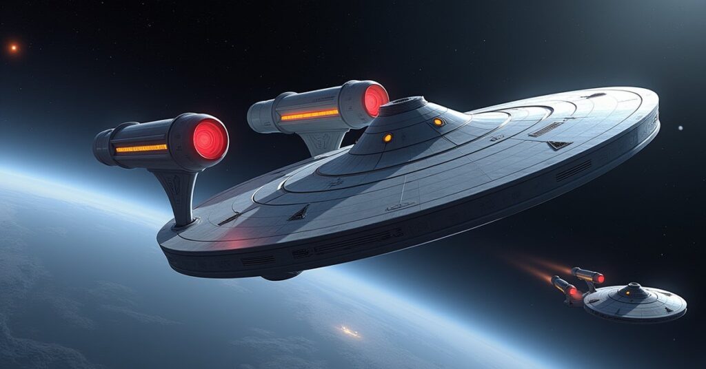 Two classic Enterprise starships dodging Starfleet patrols above Earth as the Enterprise-E closes in