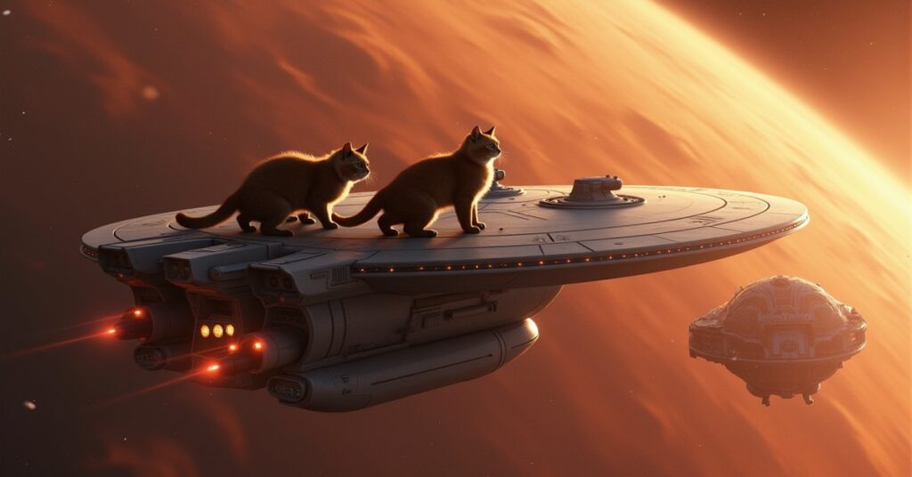 Starfleet shipyards above Mars crewed by cats as a feline patrol ship turns to intercept