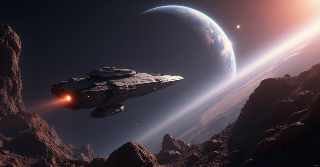 A starship scanning an asteroid belt near Earth as a cat-crewed Federation patrol ship moves in to attack