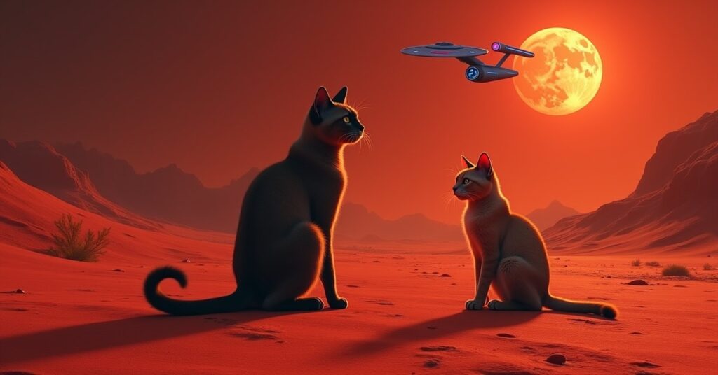 A cat Spock and T'Pring on a red Vulcan moon with the Enterprise in orbit above