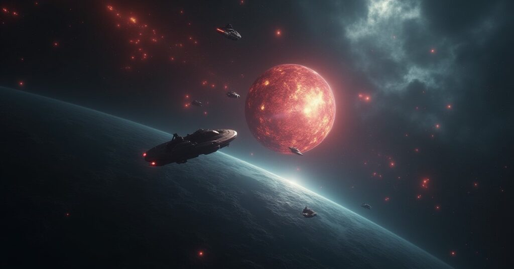 A Terran Empire fleet massing over a dark mirror Earth as a starship emerges from an anomaly