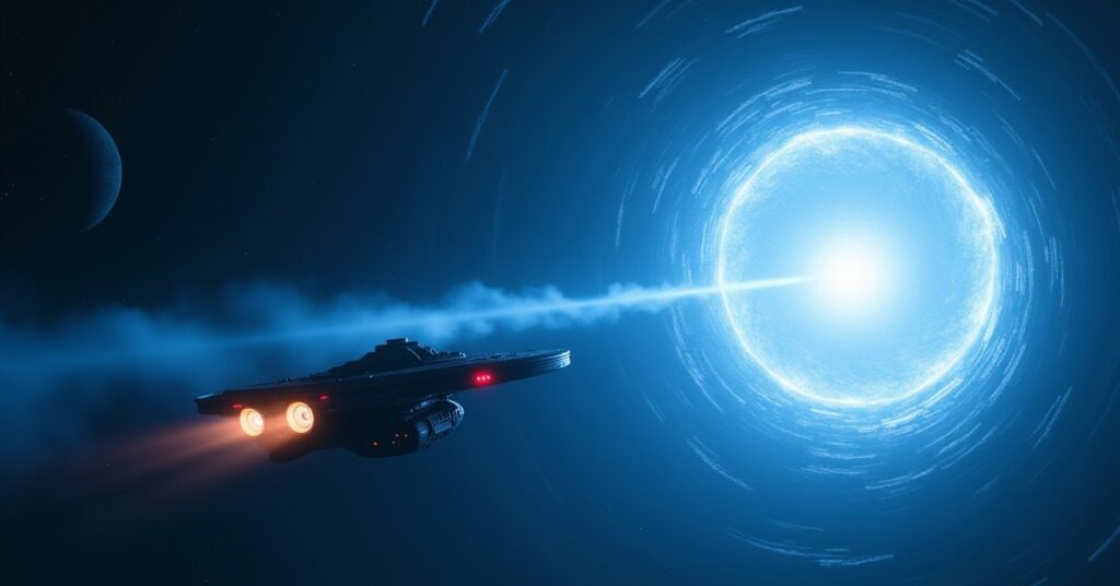 A starship leading a weapon beam toward a Terran armada as the Bajoran wormhole opens in blue light