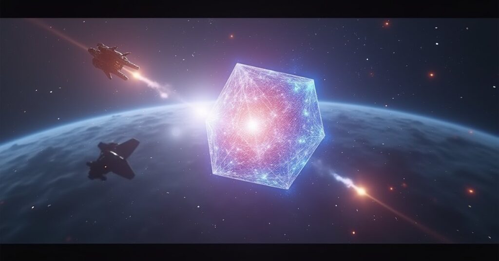 A crystalline Quantum Tesseract phasing in and out of space as two ships open fire