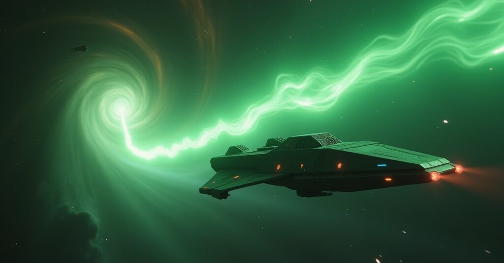 An independent starship caught in a Romulan tractor beam streaks into warp beside a swirling anomaly