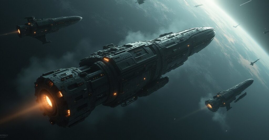 The Enterprise-E surrounded by Borg ships above an assimilated grey Earth as a flash of Q energy lights up space