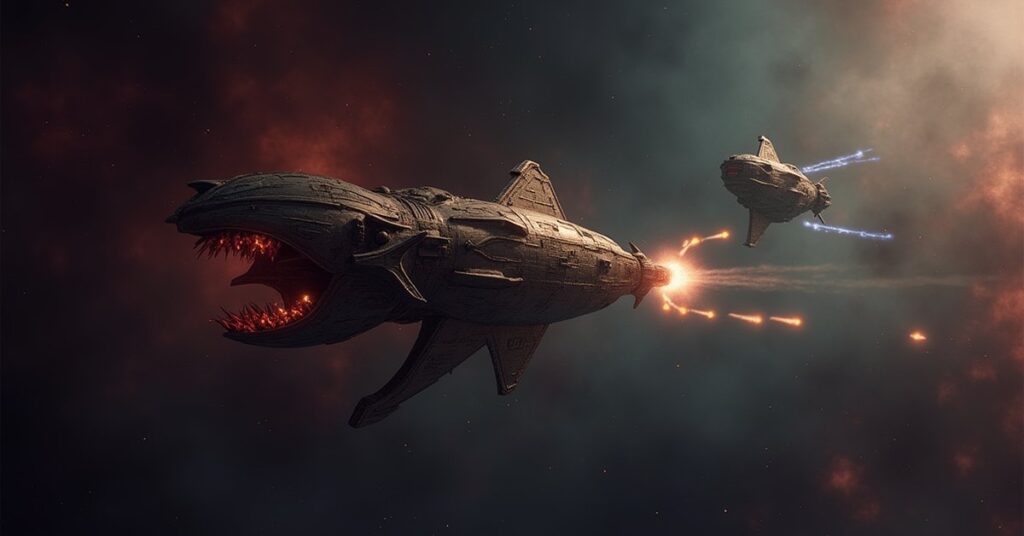 A Species 8472 bioship attacking an allied starship as a player ship fires glowing bio-molecular torpedoes