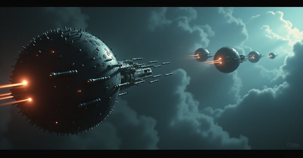 A Borg Sphere leading Borg drones toward a line of Starfleet ships with Deep Space 9 in the background